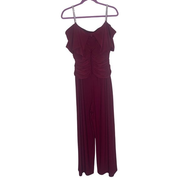 Burgundy Cold Shoulder Jumpsuit W/ Rhinestone Straps Size M - Picture 4 of 13